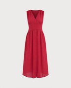 Vestido midi rojo sin mangas con escote en V y botones