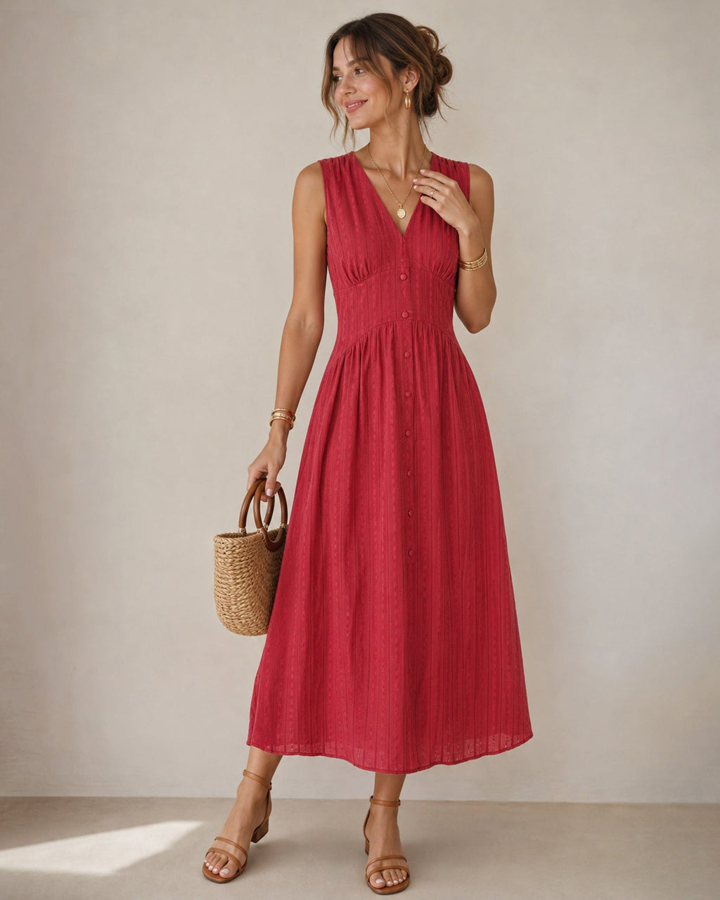 Vestido midi rojo sin mangas con escote en V y botones
