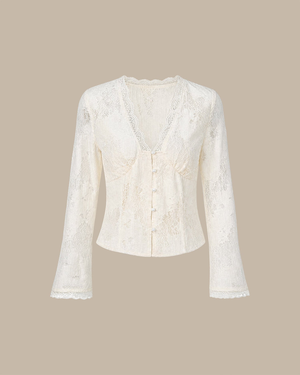 Camisa albaricoque de encaje con escote en V y botones