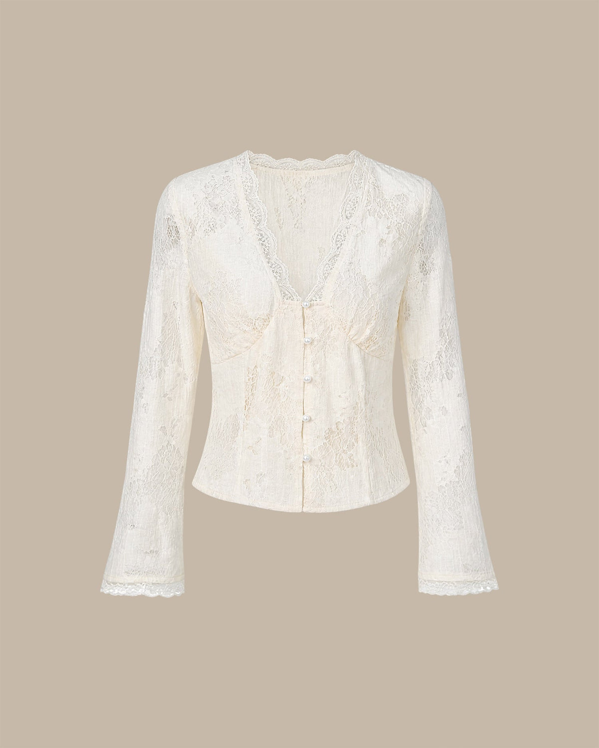 Camisa albaricoque de encaje con escote en V y botones