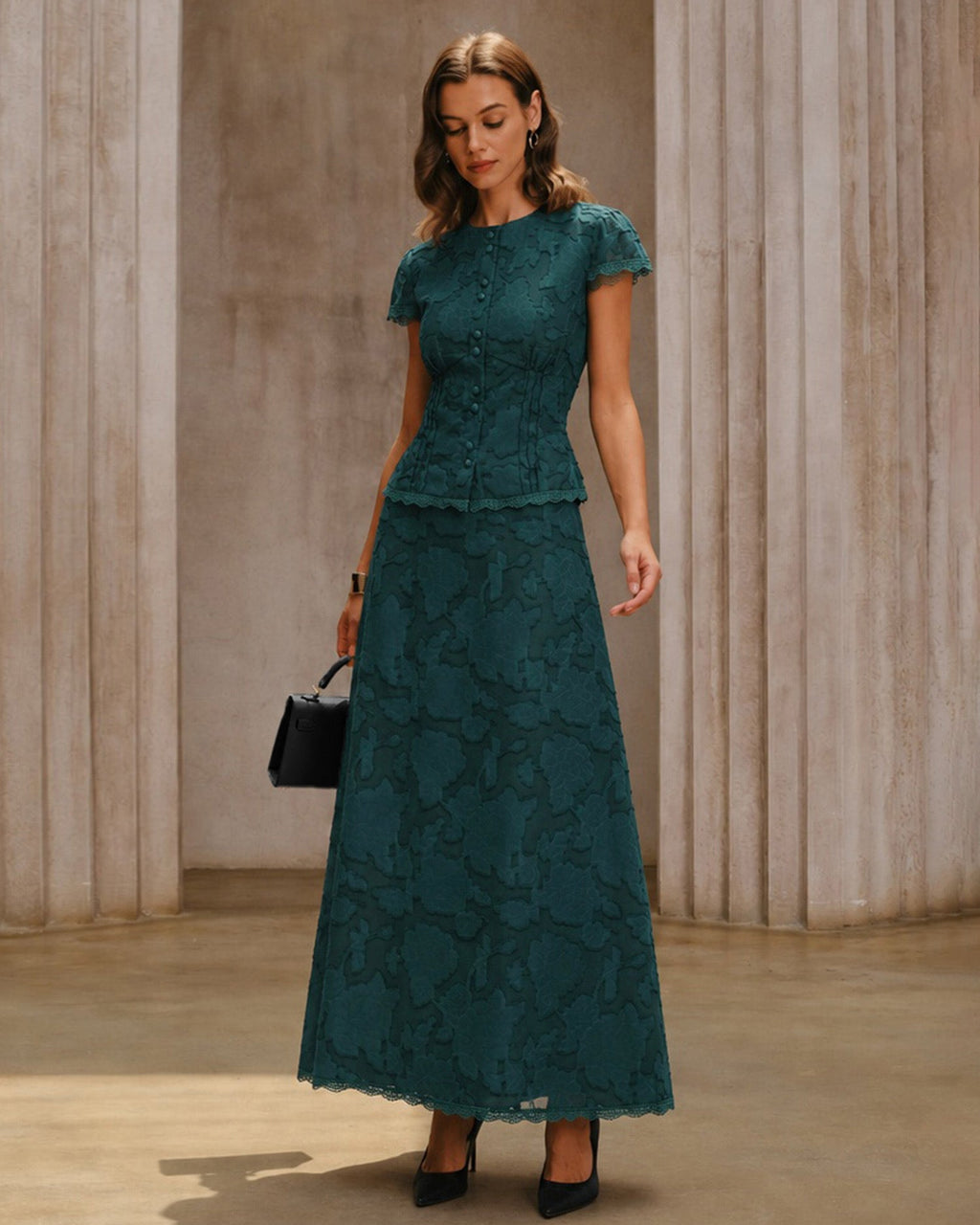 Blusa verde de jacquard con manga corta