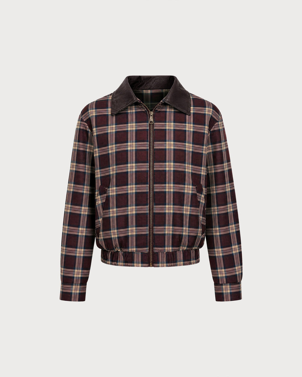 Chaqueta roja de cuadros con cremallera y manga larga