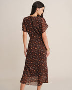Vestido largo de gasa marrón café de flores con hombros caídos
