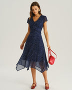 Amélie · Vestido midi azul marino de lunares con manga japonesa