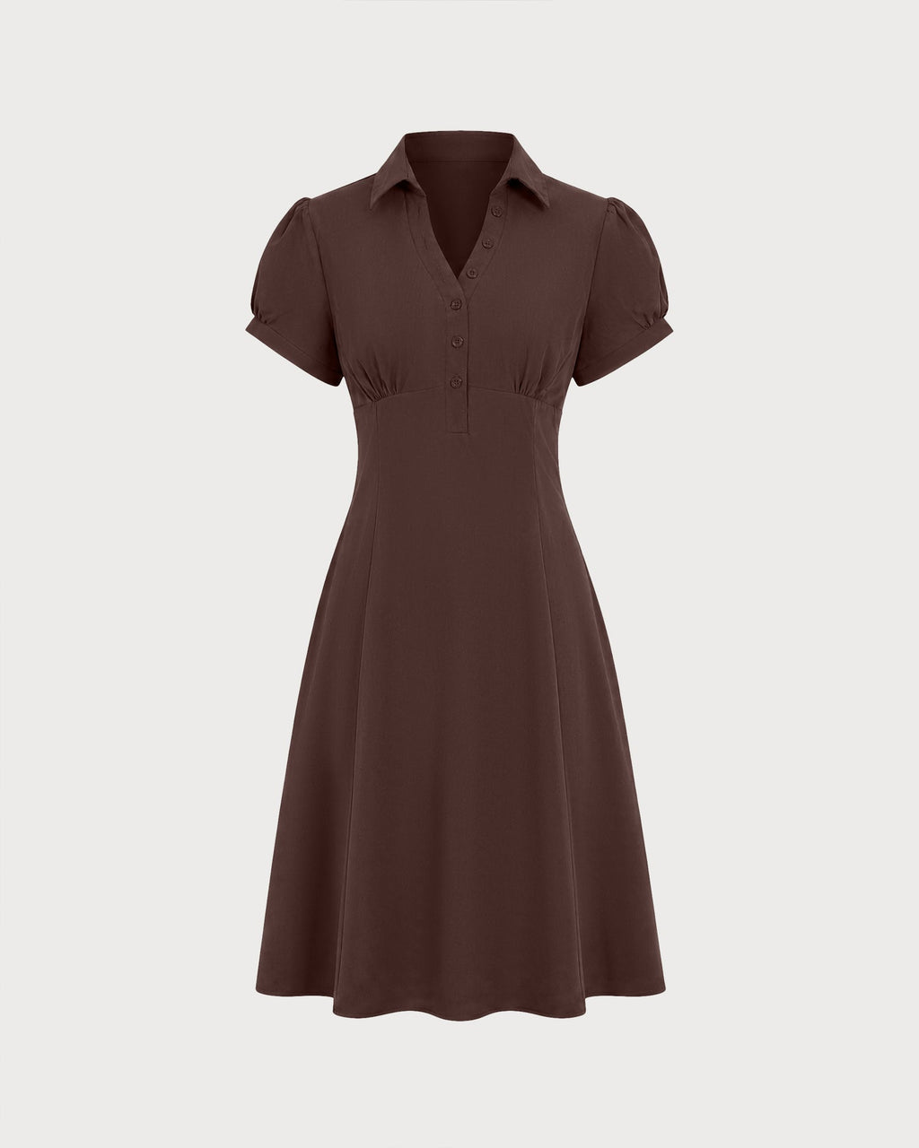 Vestido midi marrón fruncido con manga abullonada