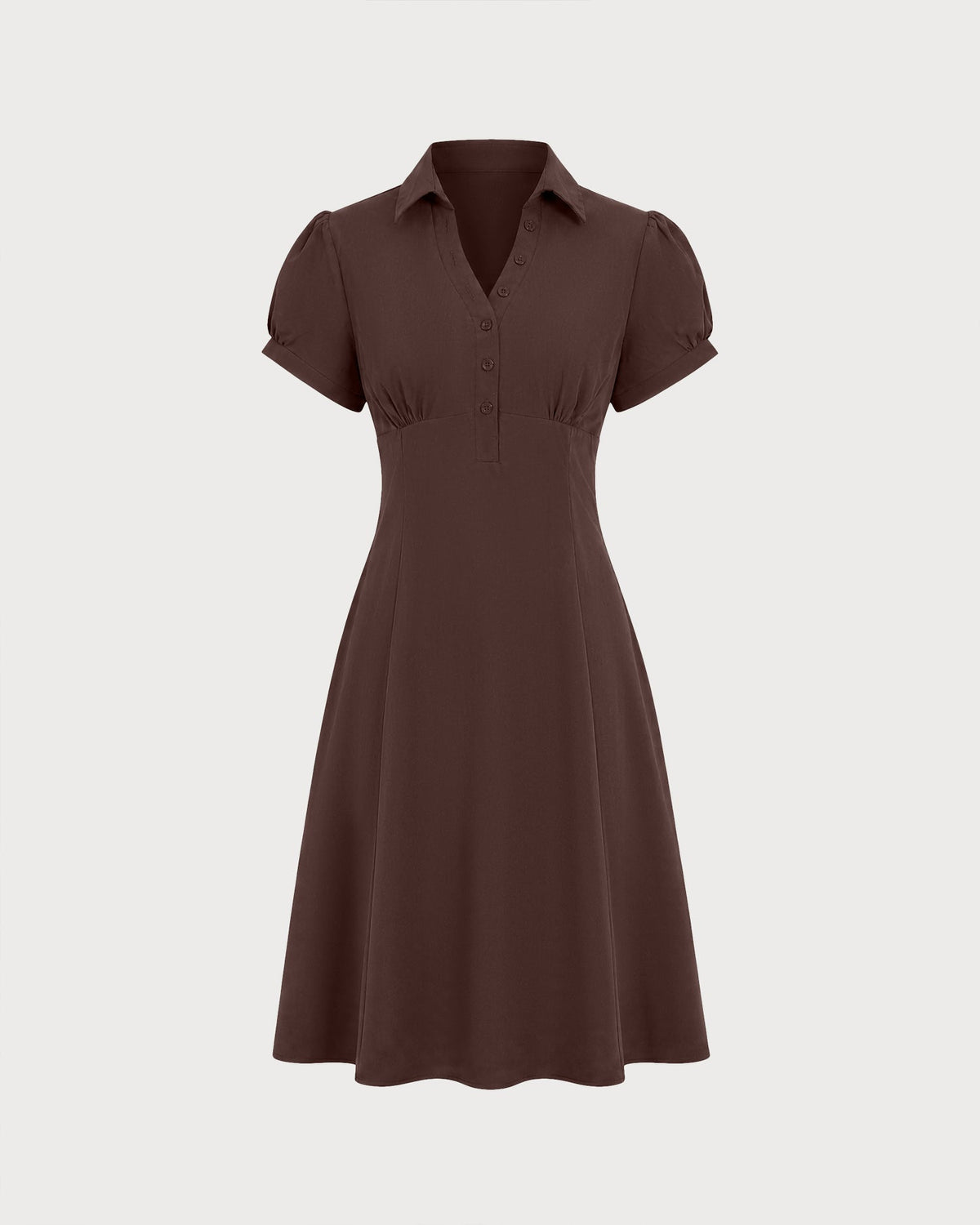 Vestido midi marrón fruncido con manga abullonada