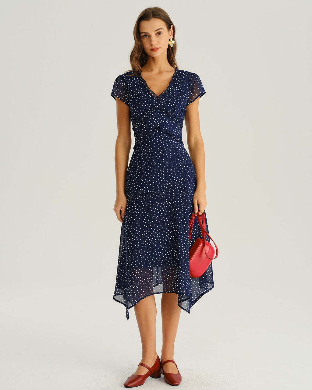 Amélie · Vestido midi azul marino de lunares con manga japonesa