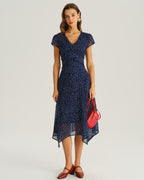 Amélie · Vestido midi azul marino de lunares con manga japonesa