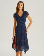 Amélie · Vestido midi azul marino de lunares con manga japonesa
