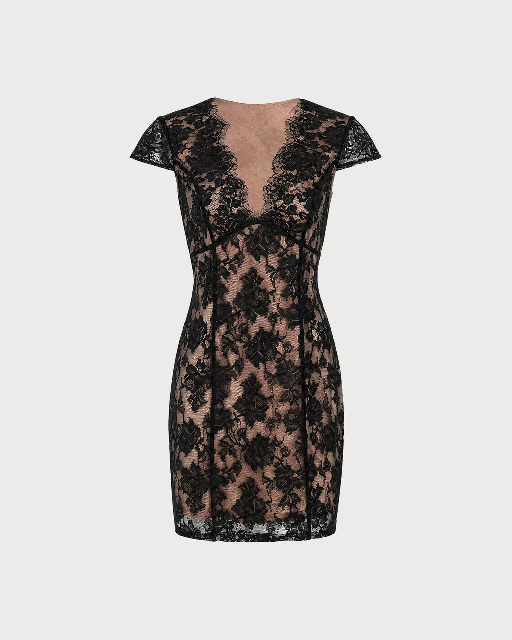Vestido corto negro de encaje floral con escote en V