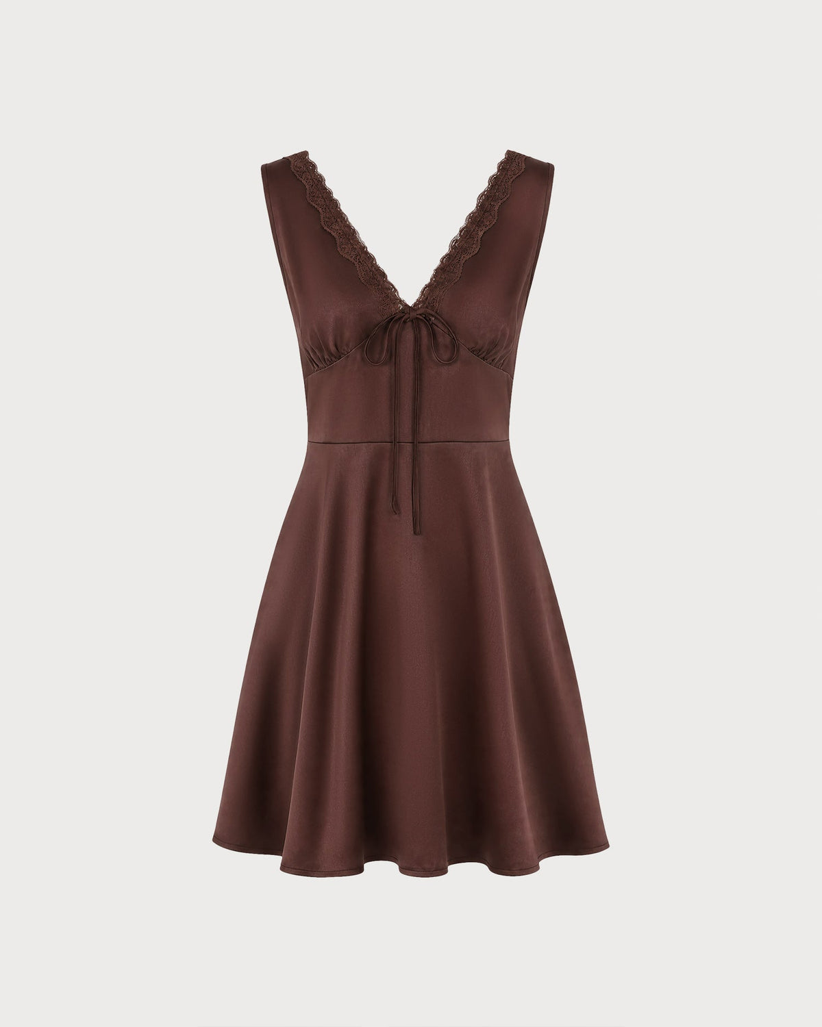 Vestido corto marrón de satén sin mangas con escote en V
