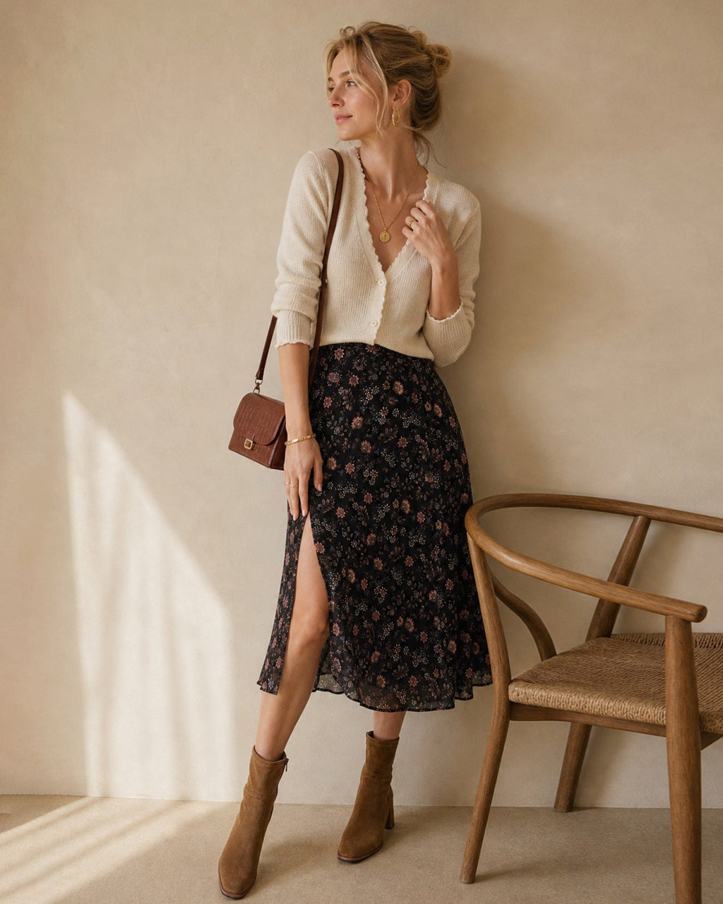 Falda midi negra de gasa con flores y abertura