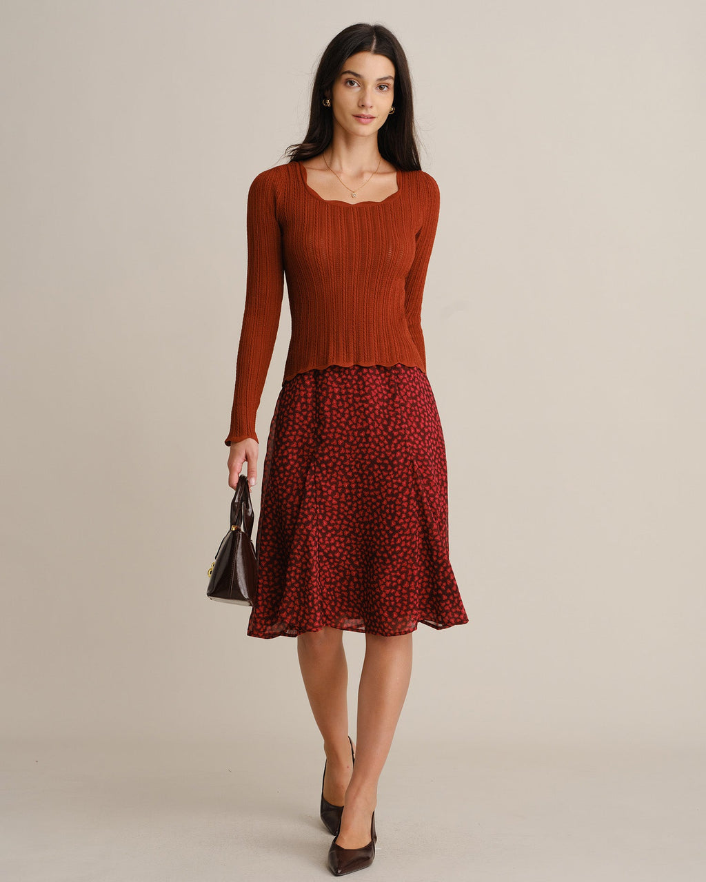Falda midi roja de gasa con flores y cintura elástica
