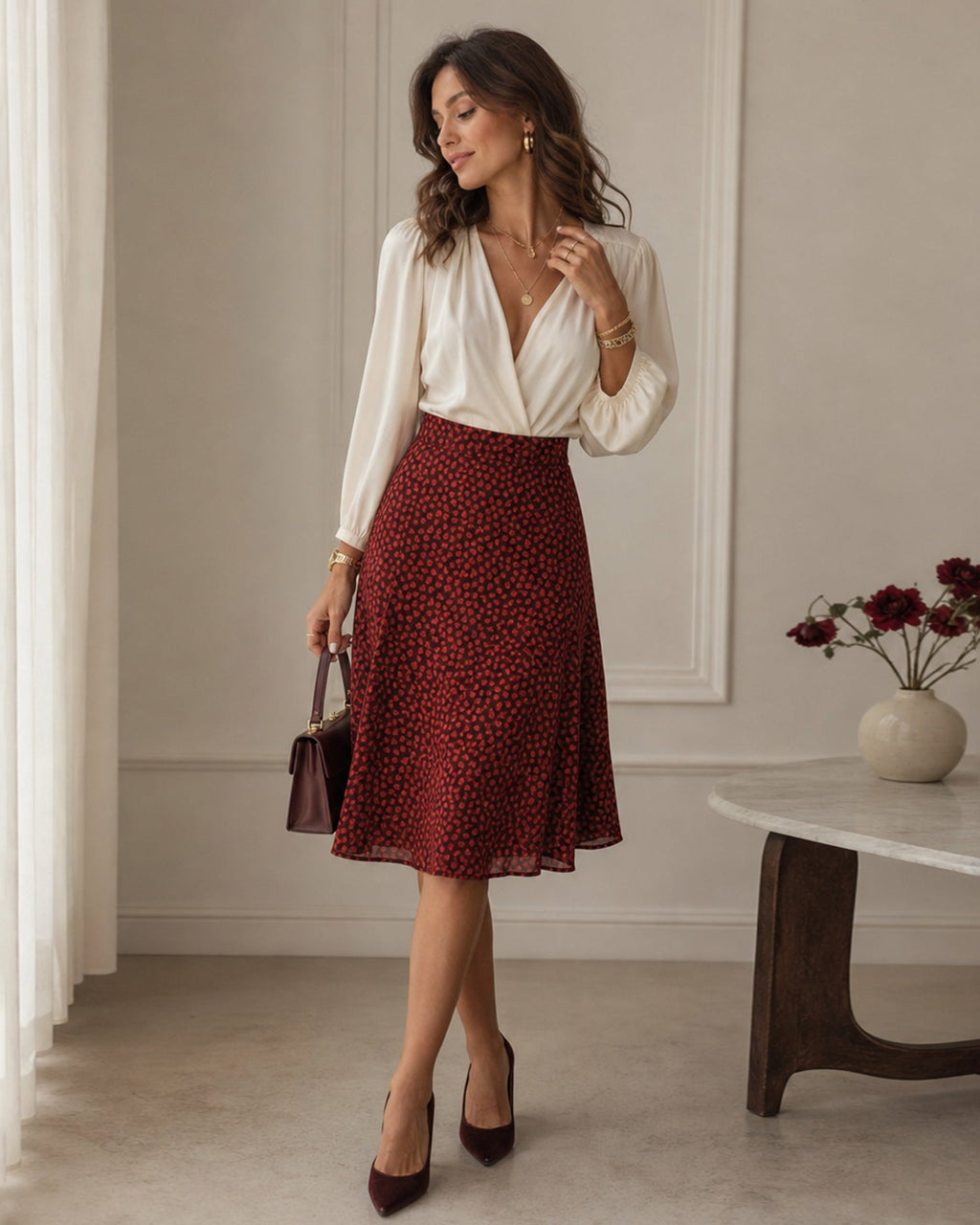 Falda midi roja de gasa con flores y cintura elástica