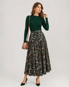 Falda midi verde plisada de flores con abertura