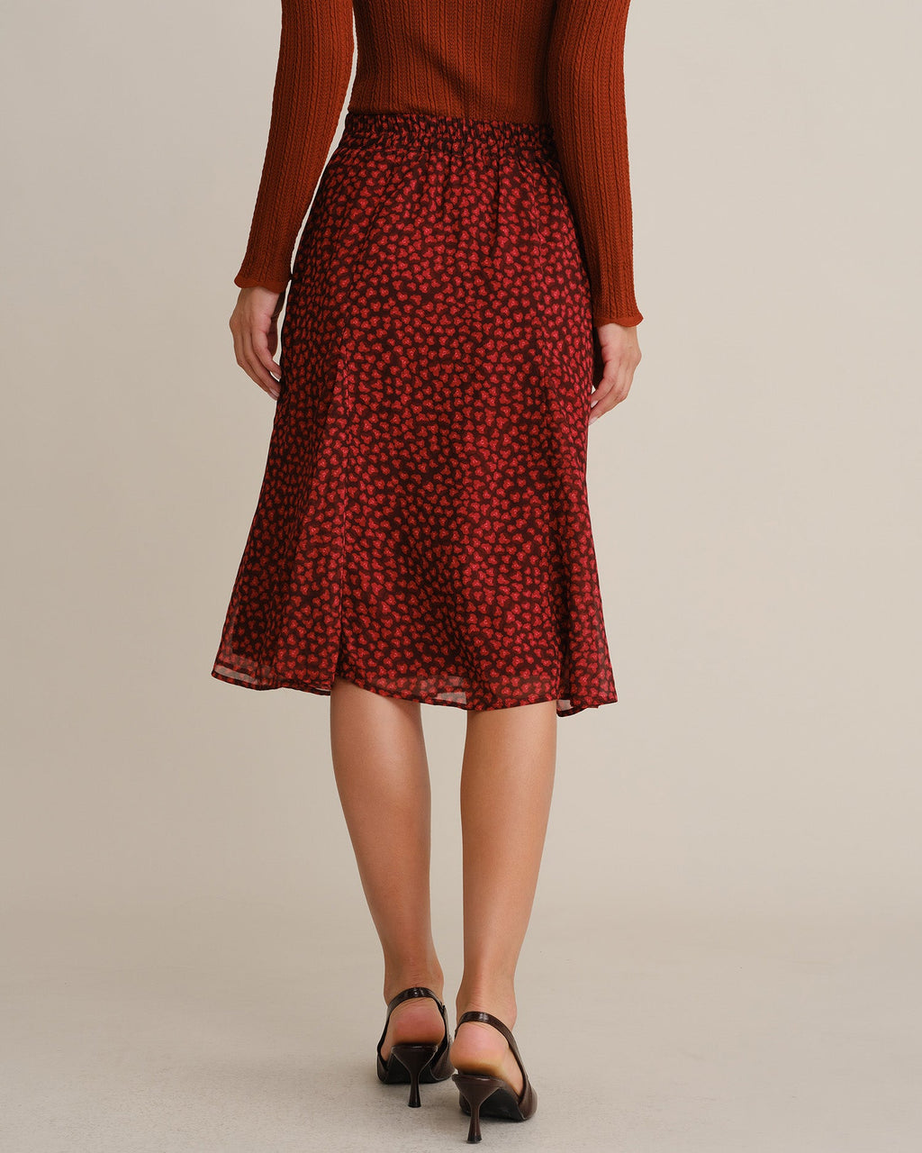 Falda midi roja de gasa con flores y cintura elástica