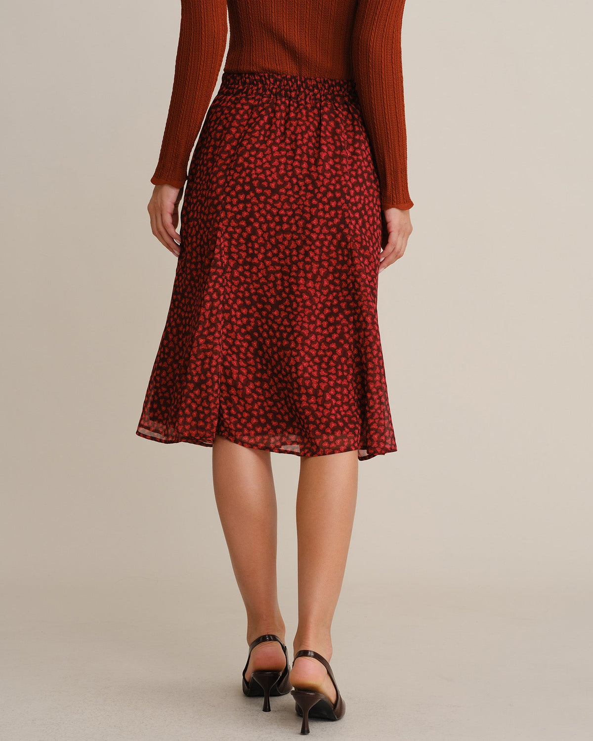 Falda midi roja de gasa con flores y cintura elástica