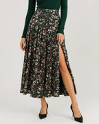 Falda midi verde plisada de flores con abertura