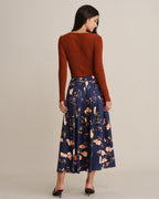 Falda midi azul marino de flores con cintura elástica