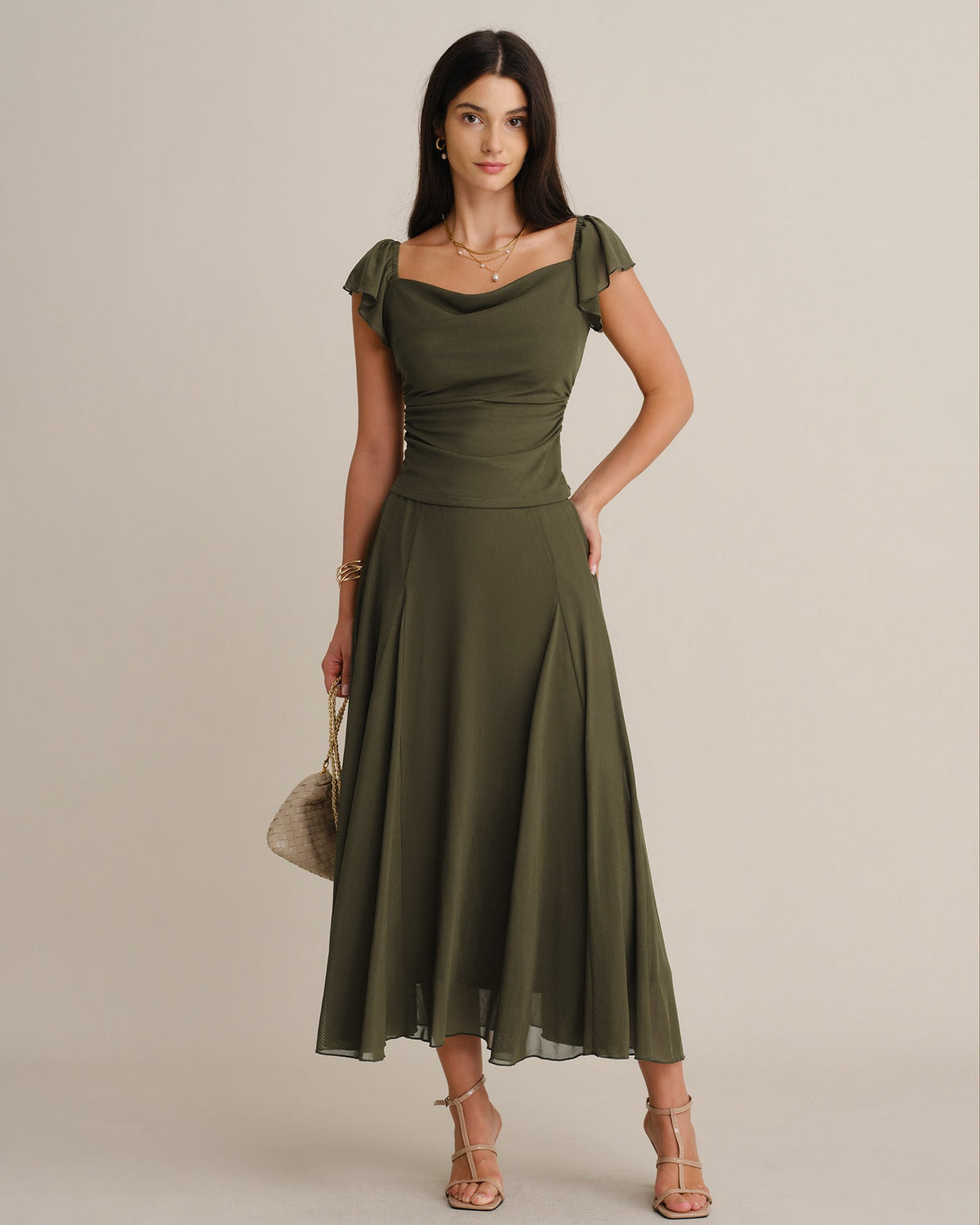 Falda midi verde de malla con cintura elástica