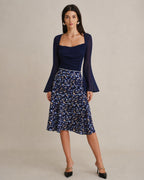 Falda midi azul de corte sirena con flores y cintura elástica