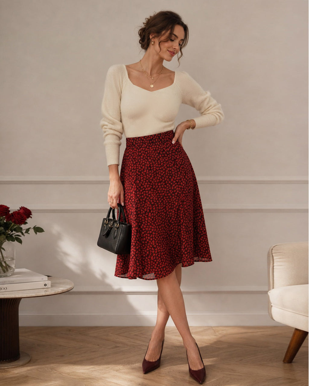 Falda midi roja de gasa con flores y cintura elástica