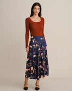 Falda midi azul marino de flores con cintura elástica