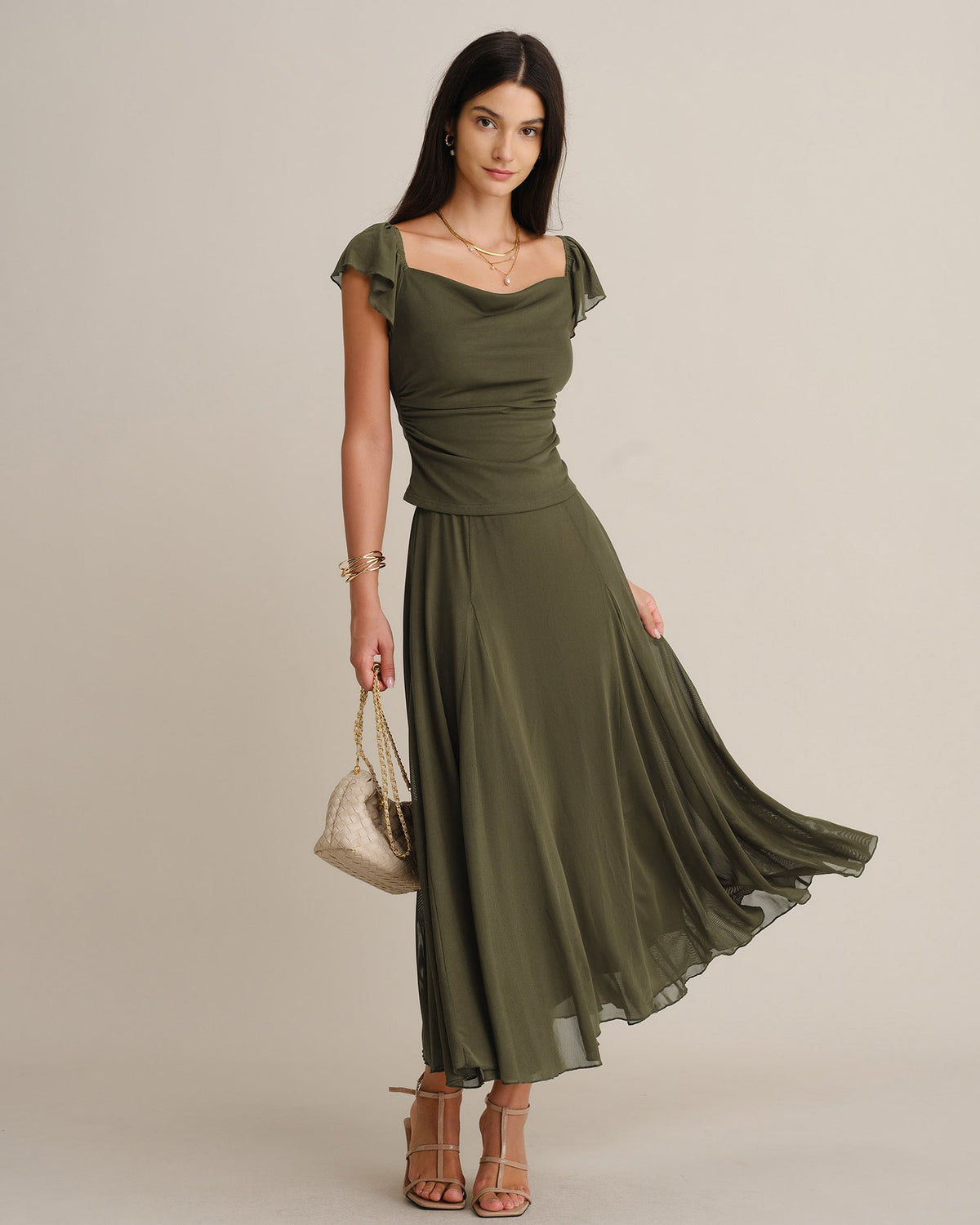 Falda midi verde de malla con cintura elástica