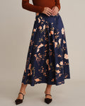 Falda midi azul marino de flores con cintura elástica