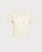 Camiseta albaricoque de flores con escote cuadrado y botones